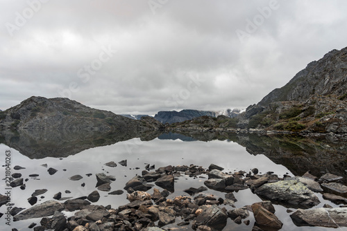 Serene alpine lake with rocky shores and mountain reflections under cloudy sky