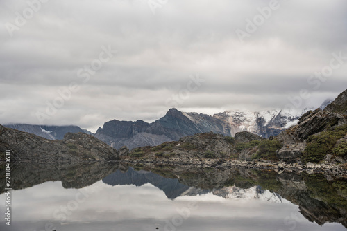 Mountain lake reflection with snow-capped peaks and cloudy sky