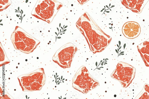 A Repeating Pattern of Raw Meat Cuts with Botanical Accents