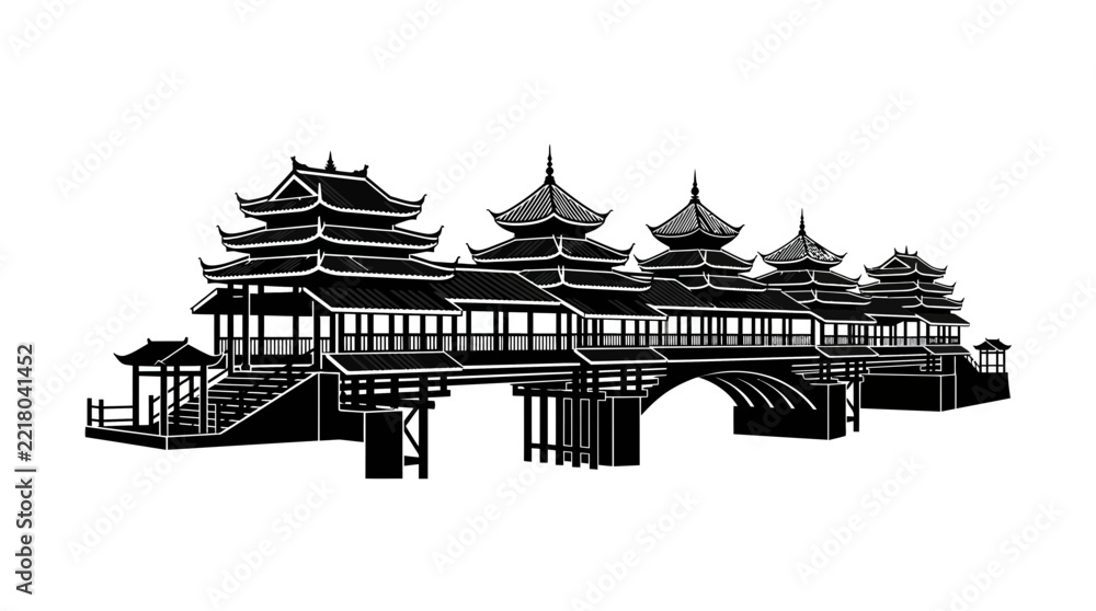 Fototapeta premium Traditional Chinese Covered Bridge Architecture, Ancient Pagoda Style, Vector Silhouette Isolated