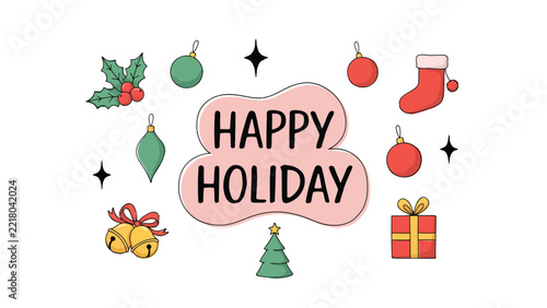 Happy Holiday Typography with Festive Christmas Icons and Decorative Elements on Light Background
