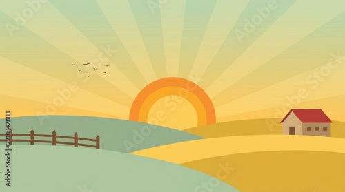 Minimalist Sunrise Over Rolling Hills Farm Landscape, Vector Art