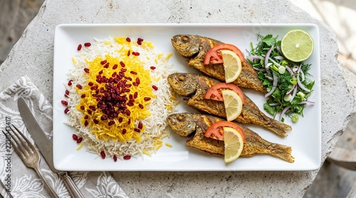 Persian Fried Fish with Saffron Rice and Salad - Delicious Middle Eastern Cuisine