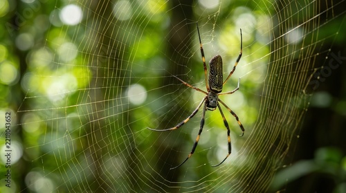 Golden Silk Spider on Web in Lush Green Forest with Bokeh Lights