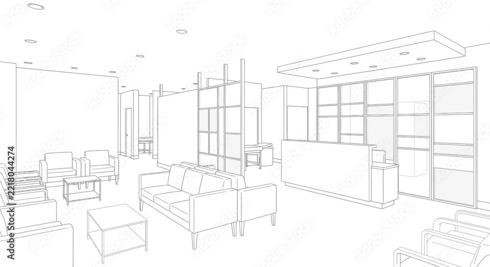 Fototapeta premium Interior wireframe sketch of a spacious waiting room showcases a reception desk, seating areas, and partition walls, illustrating office layout.