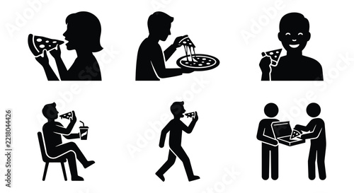 Silhouettes of people eating pizza a black vector illustration on a white background