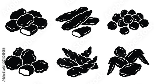 Black silhouettes of various dried fruit arrangements on a white background driedfruit