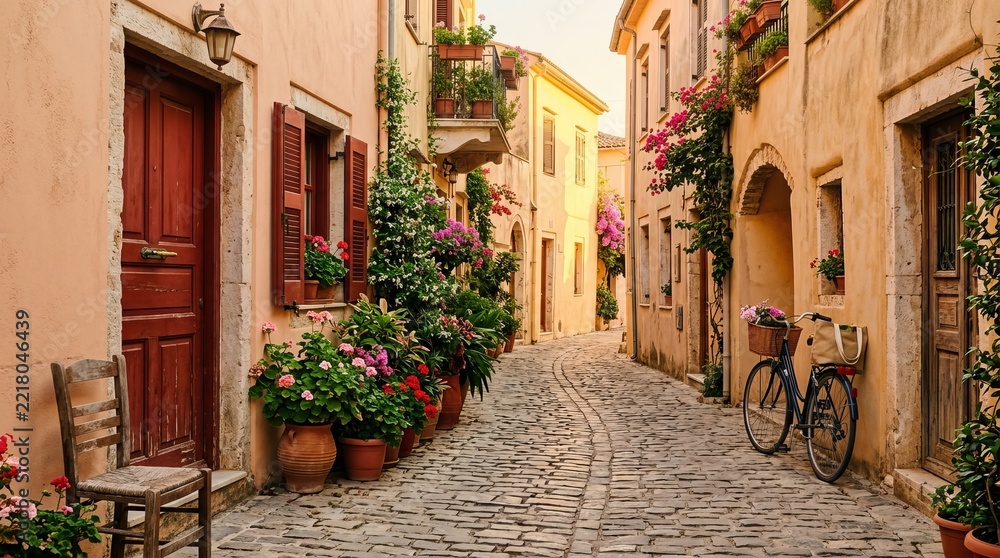 Obraz premium Charming Cobblestone Alley with Flowers and Bicycle, Mediterranean Village Street