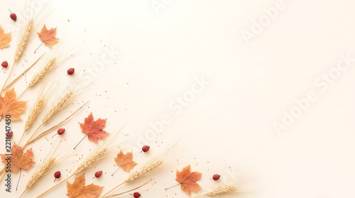 Elegant autumn harvest festival flat lay with golden wheat stalks, dry maple leaves, and small red berries on a light neutral background