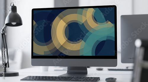 Computer monitor showing a modern abstract circle pattern