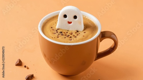 Marshmallow ghost floating in coffee cup with chocolate sprinkles  