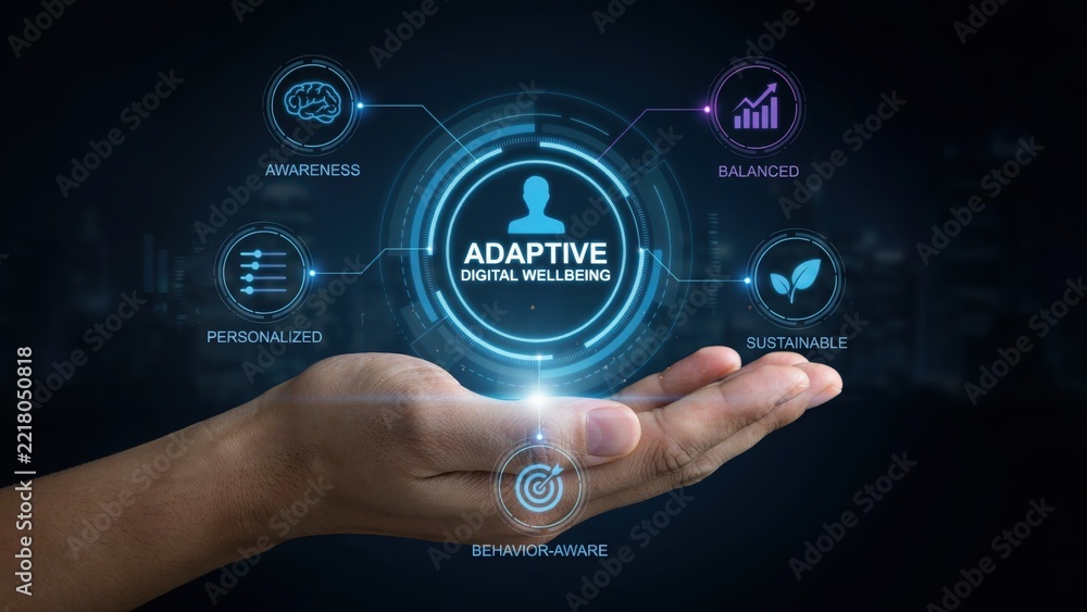 Fototapeta premium Hand holding glowing adaptive digital wellbeing concept and interface