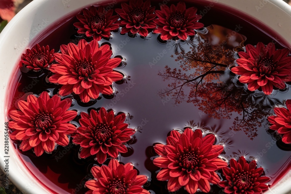 Fototapeta premium Red chrysanthemums float in deep ruby liquid inside white bowl. Beautiful flower heads drift on dark wine surface. Autumn wine festival concept with seasonal blooms, alcohol drink. Elegant floral