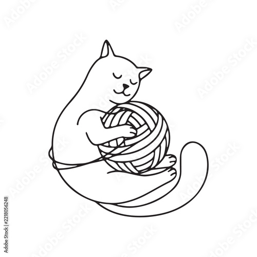 Cute cartoon cat playing with a ball of yarn vector illustration for
