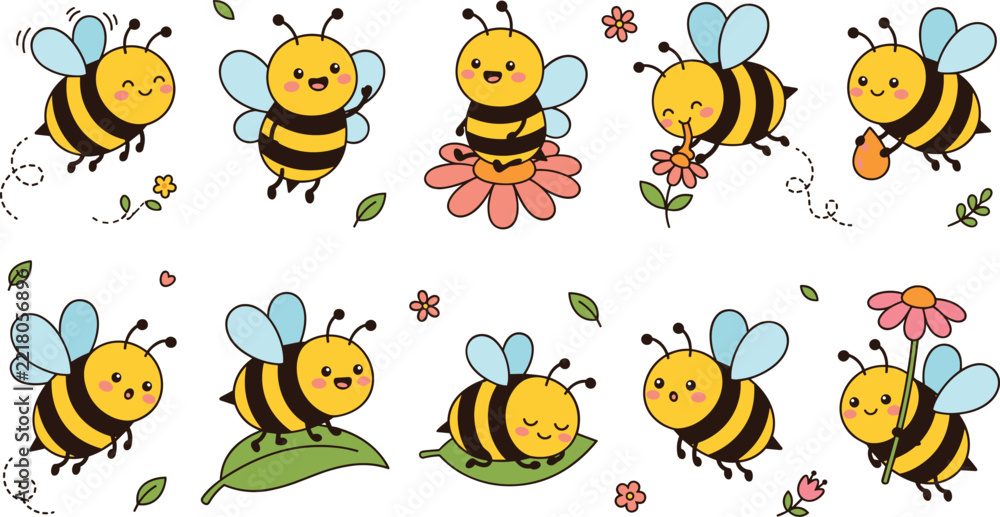 Obraz premium Cute cartoon bees with various expressions and poses vector illustration set for kids