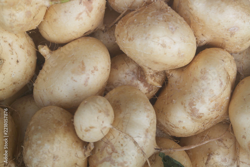 Many jicama vegetables close up	