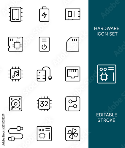 Computer Hardware Outline Icon Set – PC Components, Devices and Technology