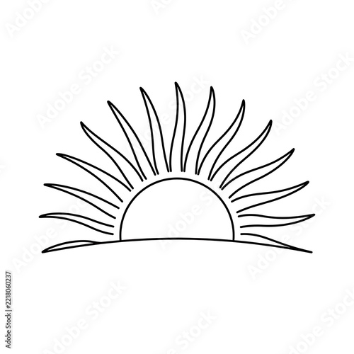 Minimalist black and white line art vector illustration of a rising sun or sunset