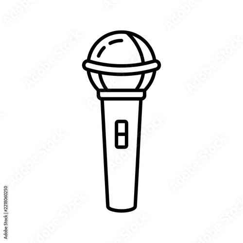 Minimalist black and white outline vector icon of a handheld vocal microphone