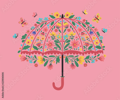 Floral umbrella illustration, colorful folk art flowers and butterflies on pink umbrella, spring rain concept, decorative botanical vector