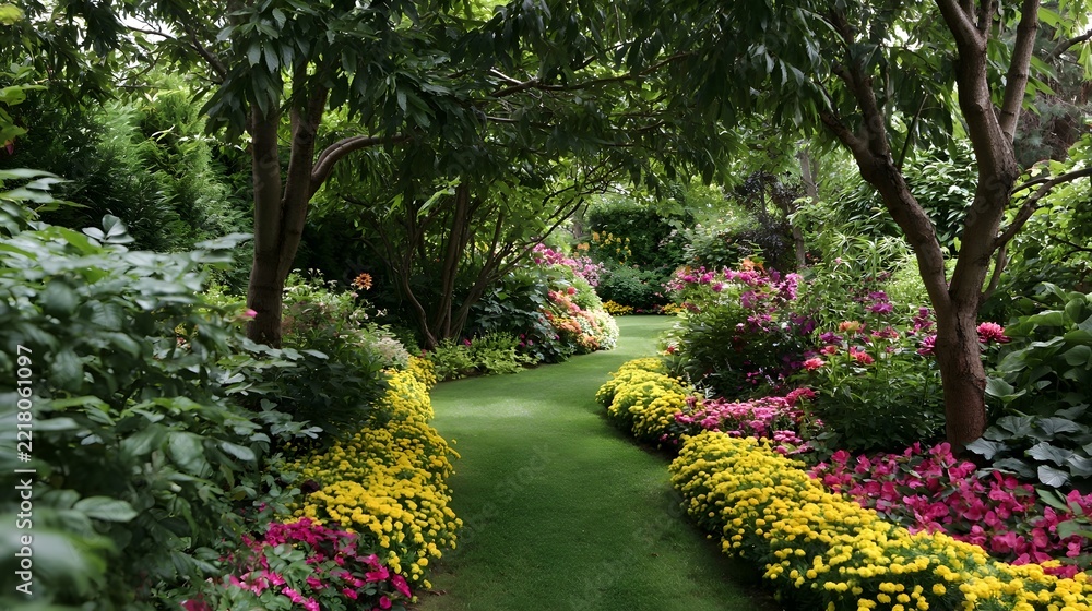 Obraz premium A winding grass path meanders through a lush garden filled with vibrant yellow and pink flowering plants under leafy trees