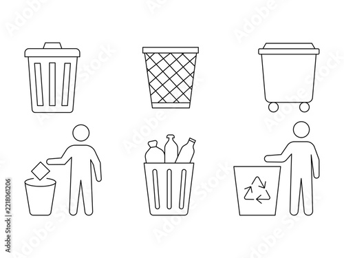Set of Recycle Bin and Waste Management Icons Vector Illustration Featuring Garbage Containers and People.