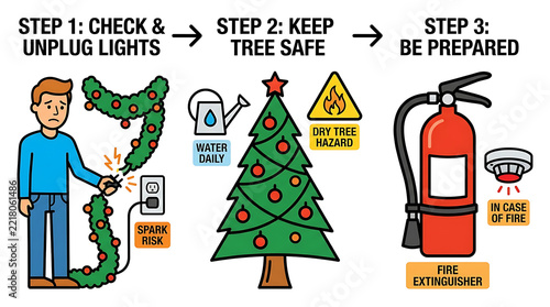 Step by step holiday fire safety instructions illustrating how to check lights, water the Christmas tree, and prepare a fire extinguisher, vector illustration style