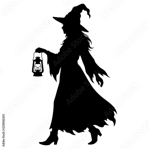 Halloween Witch Walking With Lantern