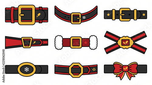 Christmas Santa Belt Icon Set, Holiday Buckle Vector Clipart