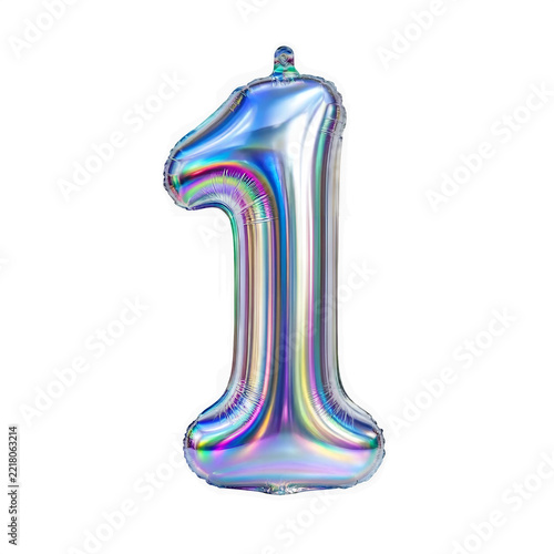 Iridescent number one foil balloon with iridescent, holographic as isolated element