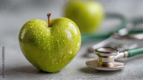Stethoscope with a heart-shaped green apple symbolizing healthy lifestyle and preventive care. Medical nutrition concept for heart health, wellness and balanced diet.