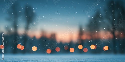 Blurred snowy evening with bokeh lights and soft blue hues
