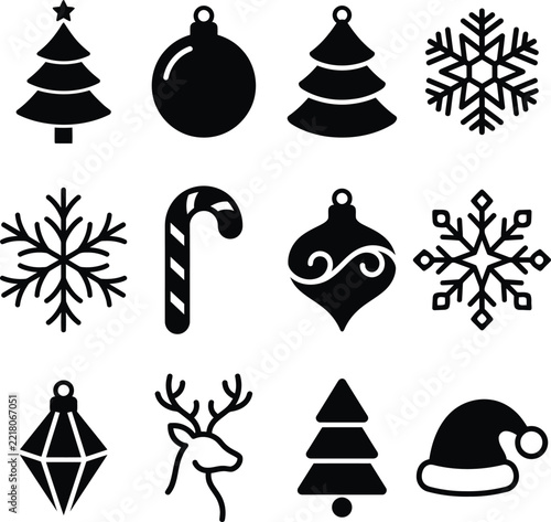 Set of minimalist black and white Christmas icons vector illustration with trees, snowflakes, and baubles