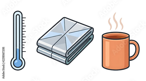 First aid kit elements including a thermometer, folded silver survival blanket, and a hot drink in a mug, flat vector illustration style