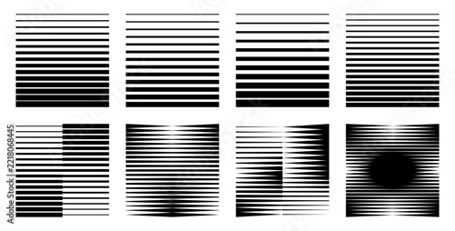 Gradient pattern with straight parallel stripes creating halftone texture. Black and white horizontal lines form abstract geometric background with smooth fade transition.