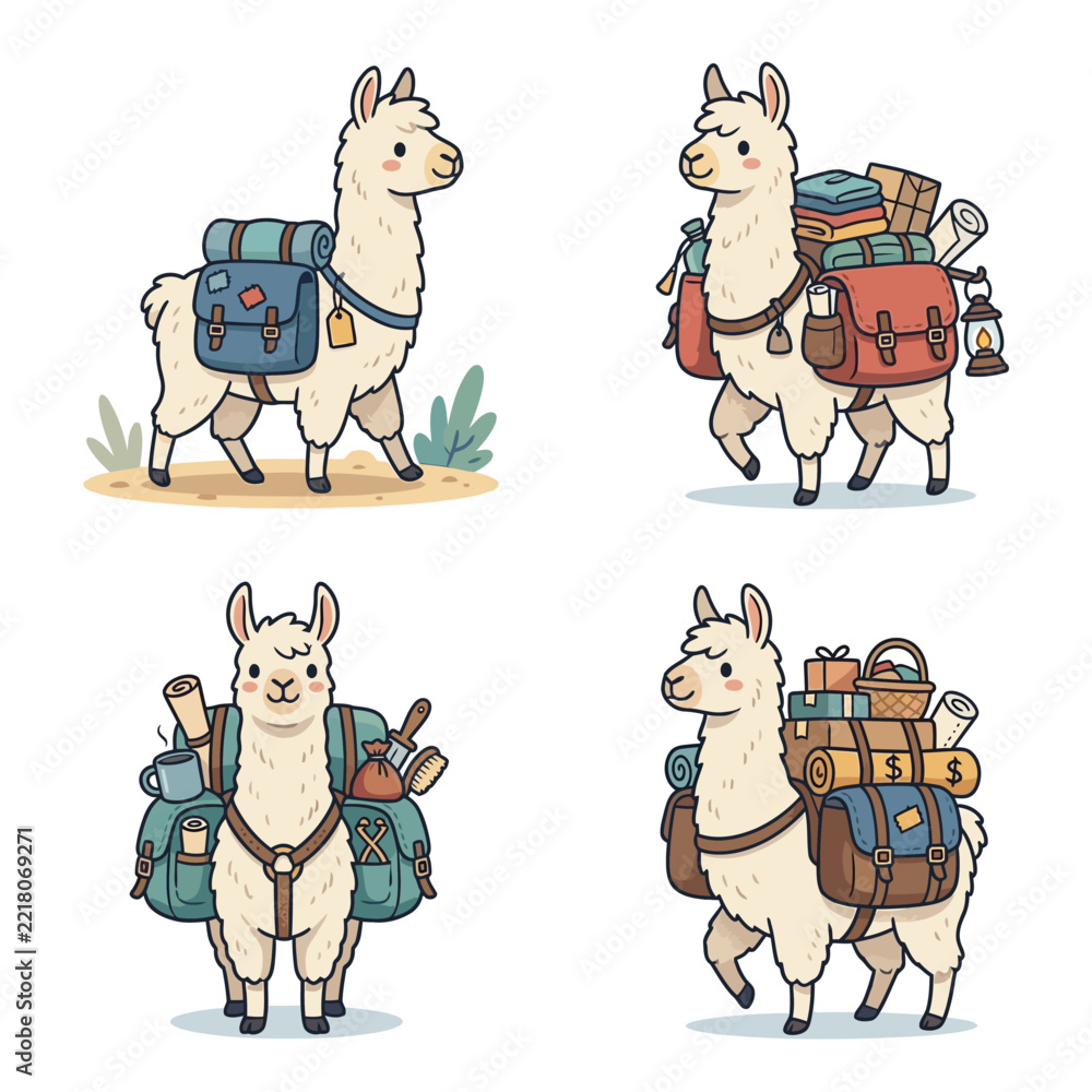 Fototapeta premium Four cartoon llamas with colorful backpacks and travel gear.