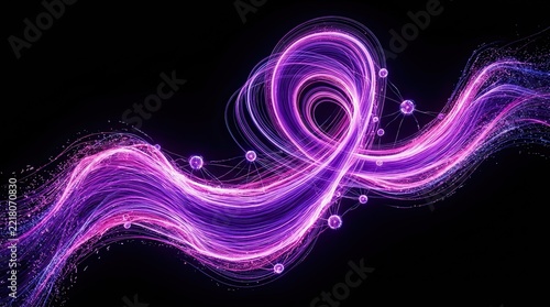 Abstract Swirl of Neon Purple Light Trails and Glowing Particles on Black Background