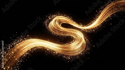 Golden Swirling Light Trail with Glittering Particles on Black Background - Abstract Energy Flow