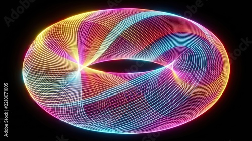 Vibrant Neon Torus Abstract Shape with Swirling Light Trails on Black Background - Futuristic Digital Art