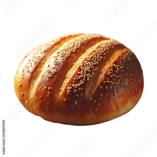 Fresh golden brown hamburger bun topped with sesame seeds as clean cutout