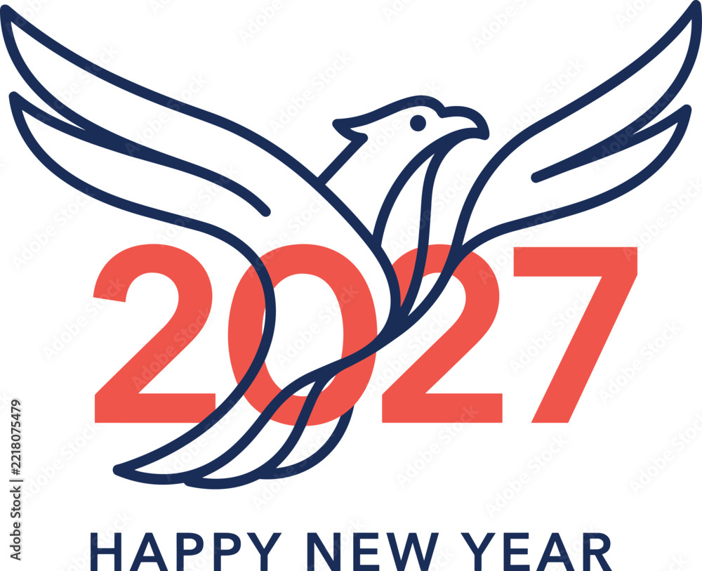 Obraz premium Happy New Year 2027 Elegant Line Art Bird Vector Illustration with Abstract Flying Eagle Phoenix Contour and Modern Corporate Typography Design