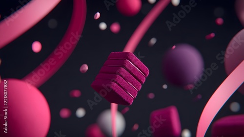 composition of floating geometric fragments surrounded by organic curves, contrasting textures, atmospheric depth, refined modern stock imagery