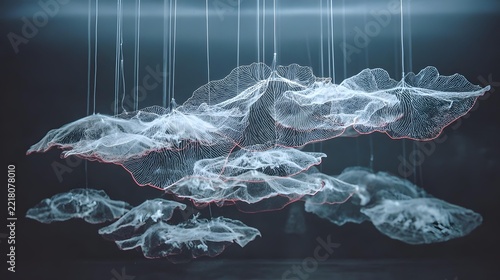 brushlike forms suspended in a dark atmospheric environment, overlapping strokes, glowing edges, layered transparency, energetic abstract artwork