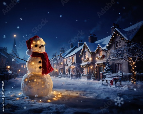 Glowing snowman christmas village night high resolution picture