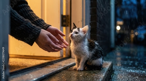 Person reaching out to a wet shivering kitten sitting on a doorstep