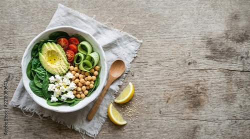 Fresh mediterranean salad bowl with avocado chickpeas spinach and