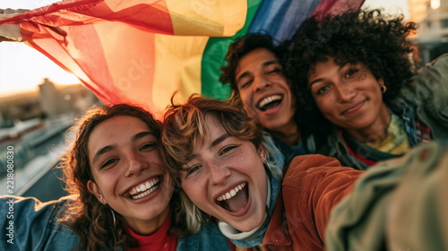 Diverse Gen Z Friends Taking Selfie with Pride Flag on Rooftop
