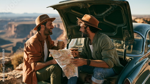 Same-Sex Male Couple on Road Trip at Scenic Viewpoint