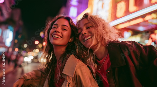 Two Young Lesbian Women Walking in Neon Lit City