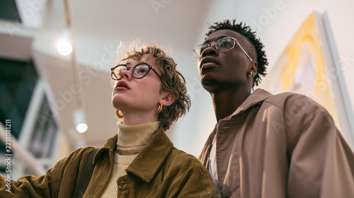 Non-Binary Friends Looking at Painting in Art Gallery